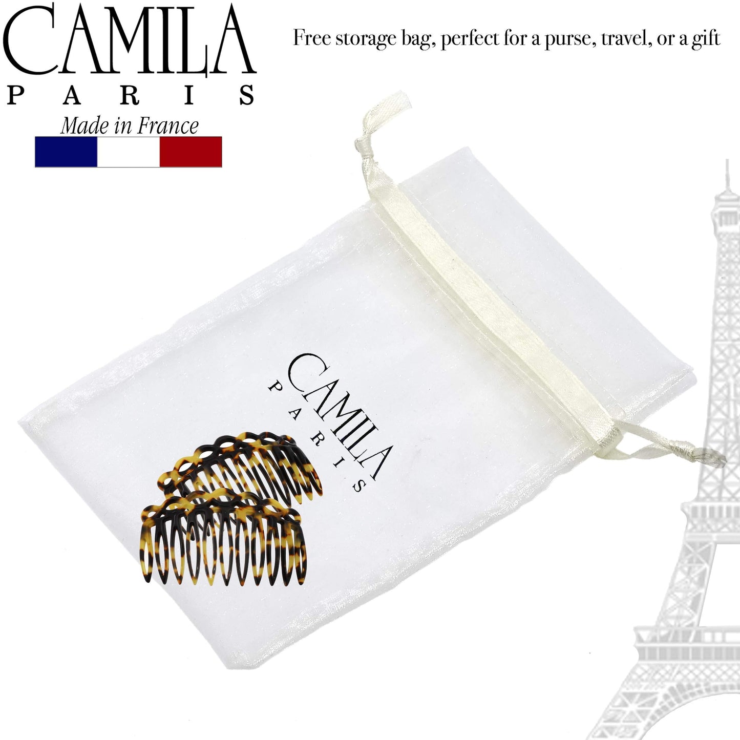 Camila Paris CP3140 French Hair Side Comb Small Handmade Tokio French Twist Hair Combs Decorative, Strong Hold Hair Clips for Women Bun Chignon Up-Do Styling Girls Hair Accessories, Made in France