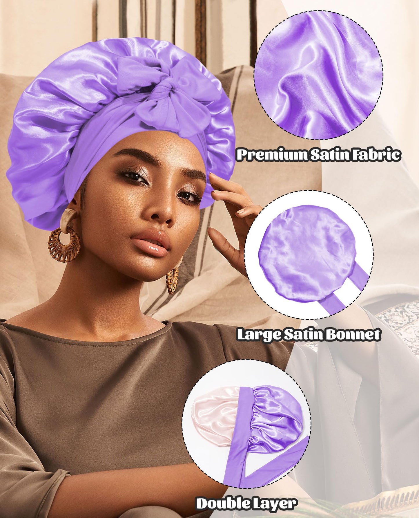 Satin Bonnet Silk Bonnet for Sleeping Silk Sleep Cap Double Layer Hair Bonnet with Elastic Tie Band for Curly Hair Night Cap (Light Purple+Champagne)