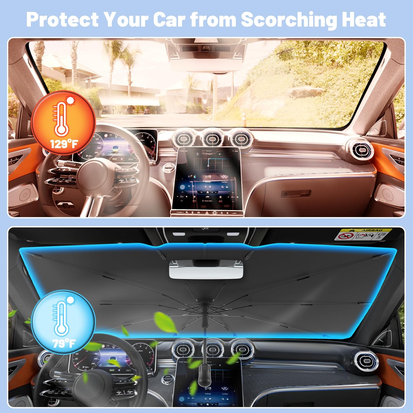 SONOMO Car Windshield Sun Shade Umbrella, UV Protection & Heat Insulation, 210T Foldable Sun Shield for Cars, Trucks, SUVs – 57"x33" Front Window Cover