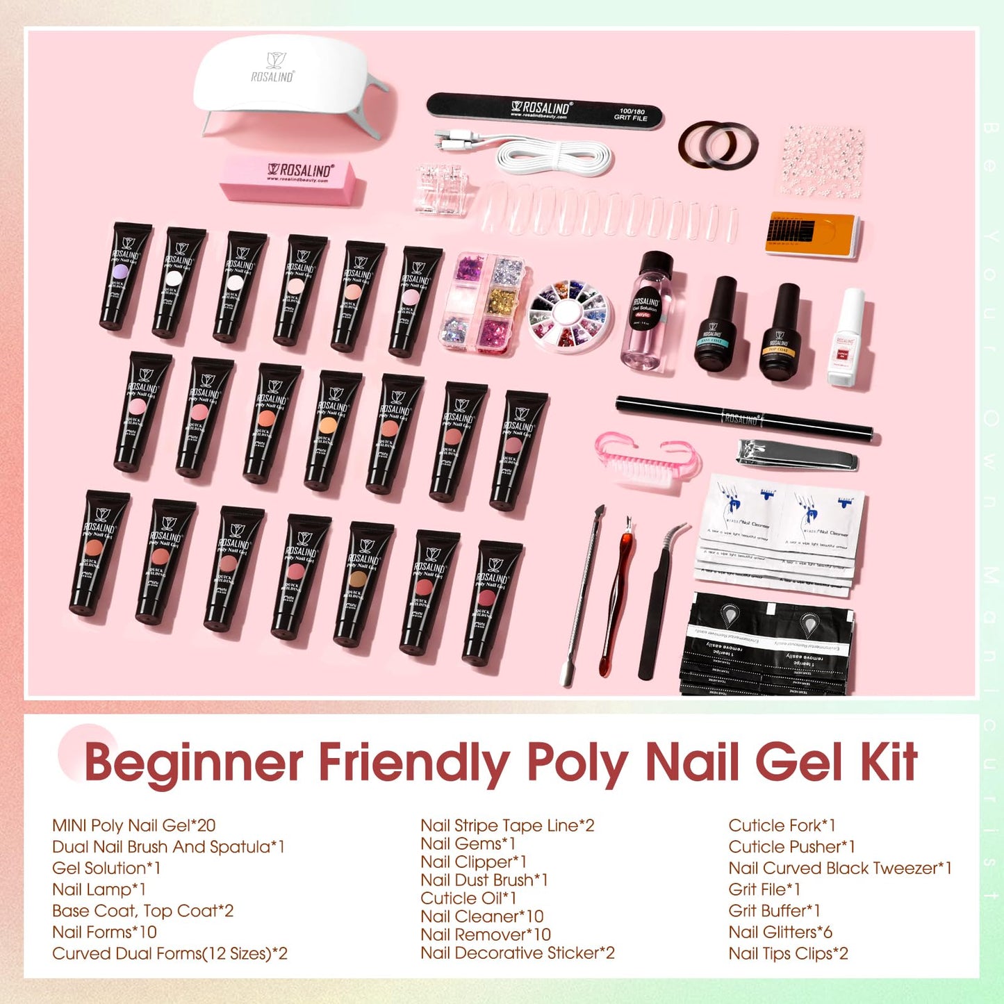 ROSALIND 20PCS White Clear Poly Nails Gel Kit Starter Builder Kit with Slip Solution Pro Nude Pink Nail Extensions Gel Set with Mini UV Lamp Drill Nail Art