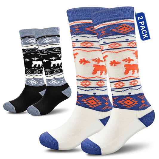 Socks Daze 2 Pack Winter Warm Wool Ski Socks for Kids Boys Girls 10-12 Years Cute Knee High Wool Boot Socks for Hiking Ice Skating, Black + White, Medium