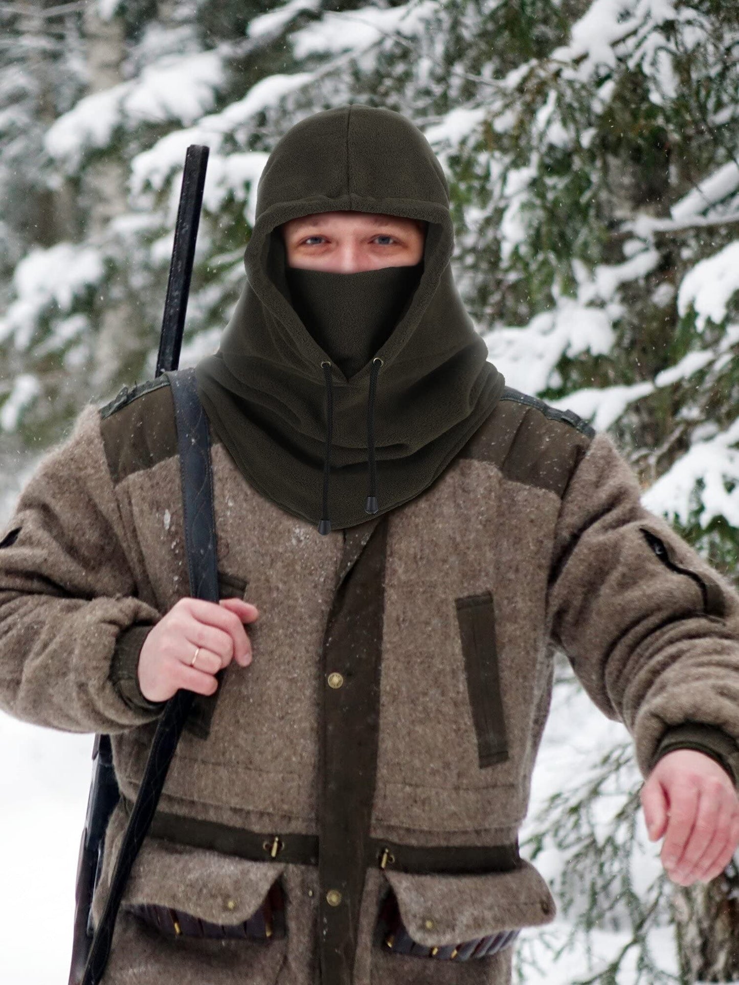 3 Pieces Camo Balaclava Hunting Face Mask Sherpa Hood Windproof Face Cover for Cold Weather Winter Outdoor Sports(Large,Drawstring Style)