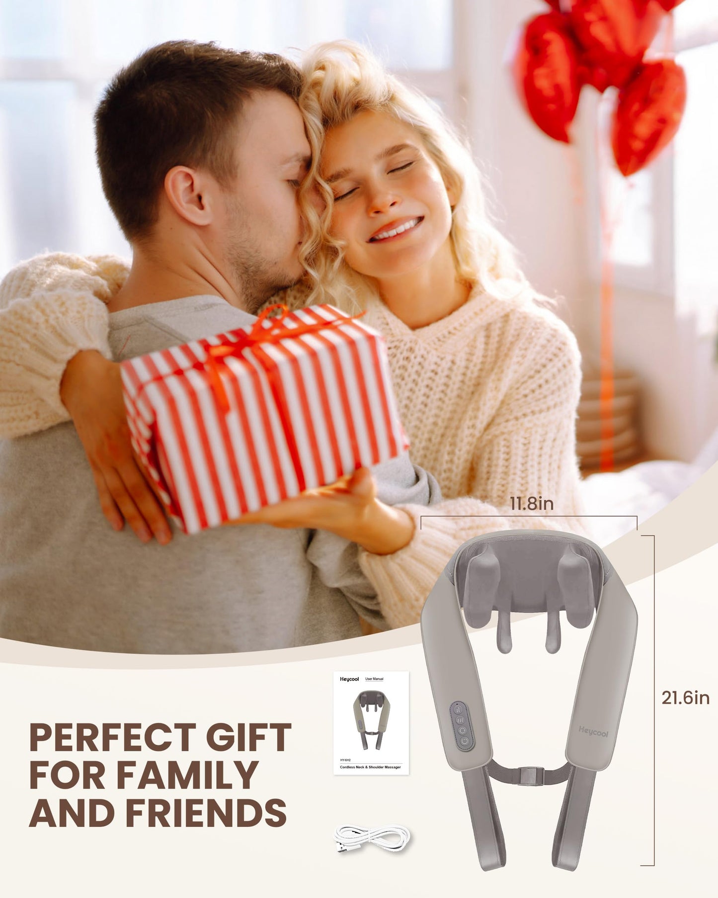 Heycool Cordless Neck Massager with Heat, 4D Deep Kneading Neck Shoulder Massager for Pain, Wireless Shiatsu Back Massager Pillow, Gifts for Men, Women Rechargeable