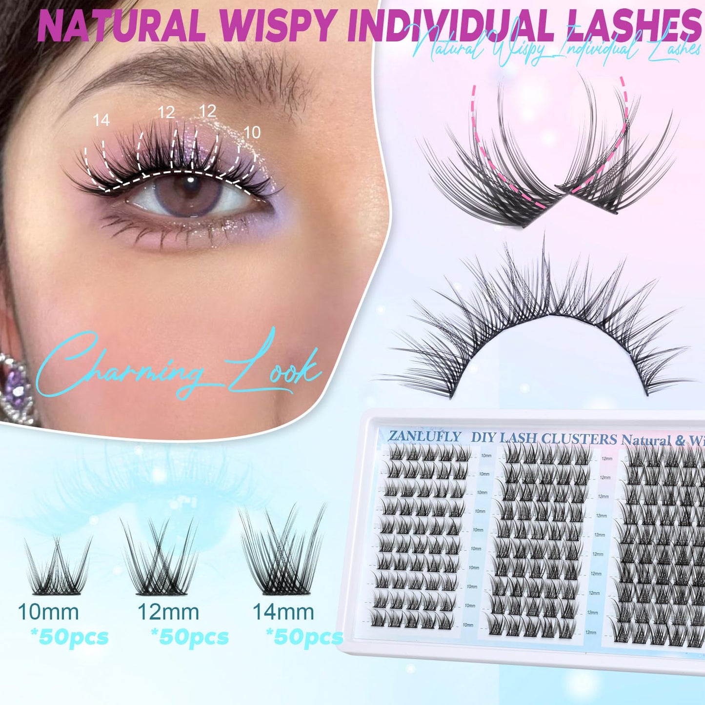 Lash Clusters Wispy Eyelash Clusters Natural C Curl Cluster Lashes zanlufly Wispy Individual Lashes 150Pcs Eyelash Extension 10 12 14MM DIY Lash Extensional Lash Clusters