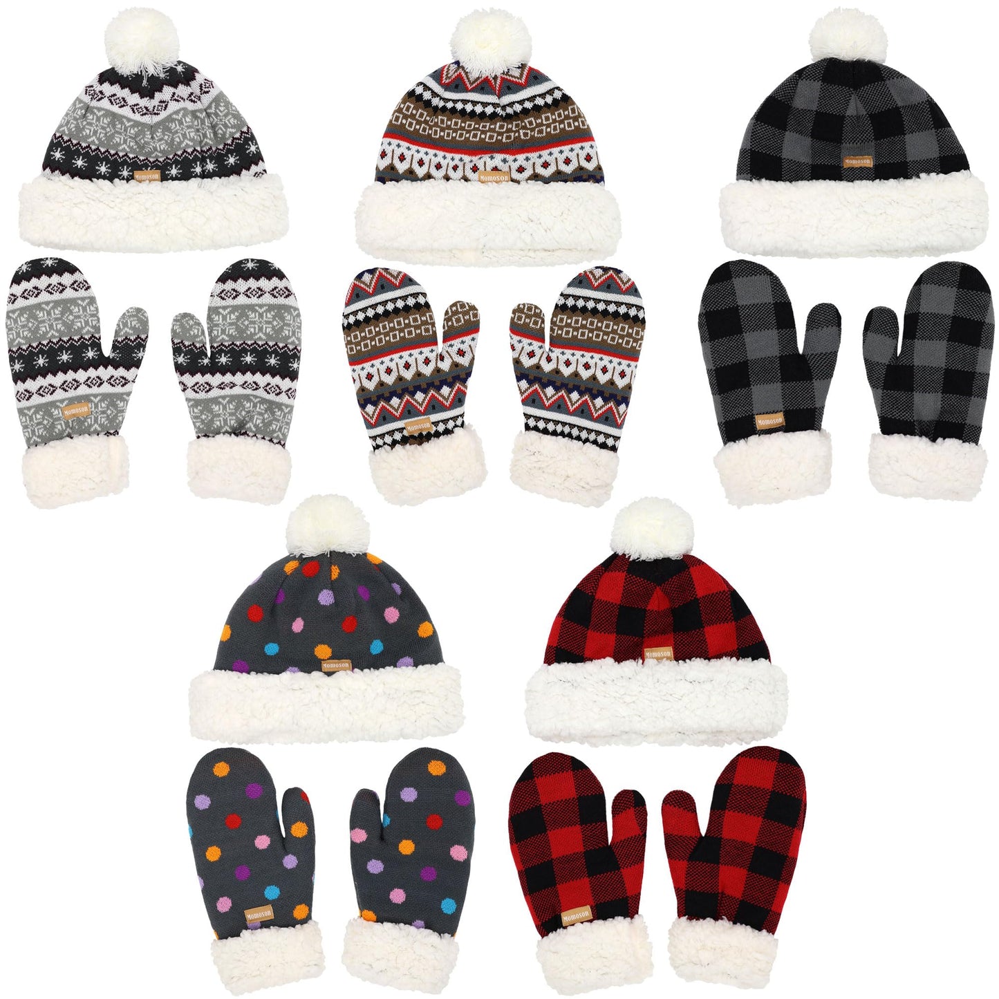 BambooMN Women's Classic Winter Fleeced Thermal Pom Pom Beanie Hat and Mittens Set, Brown Pattern