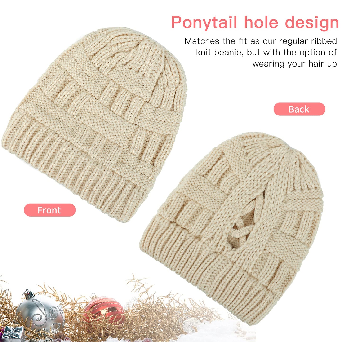 PHOGARY 2 Pack Ponytail Hats for Women Criss Cross Winter High Messy Bun Beanie Hat with Ponytail Hole (Colorful Black & Rice)