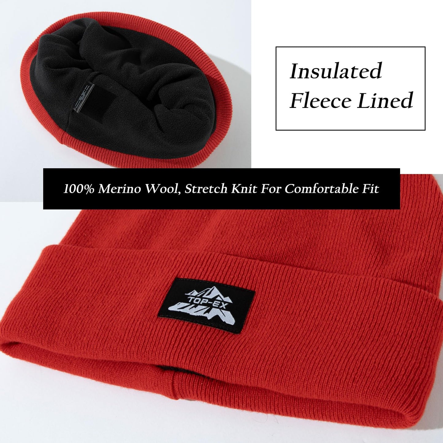 TOP-EX XXL 100% Merino Wool Beanie Hats for Men Women Winter Warm Polar Fleece Lined Beanies for Cold Weather Ski Running Hunting Walking Red XL/XXL