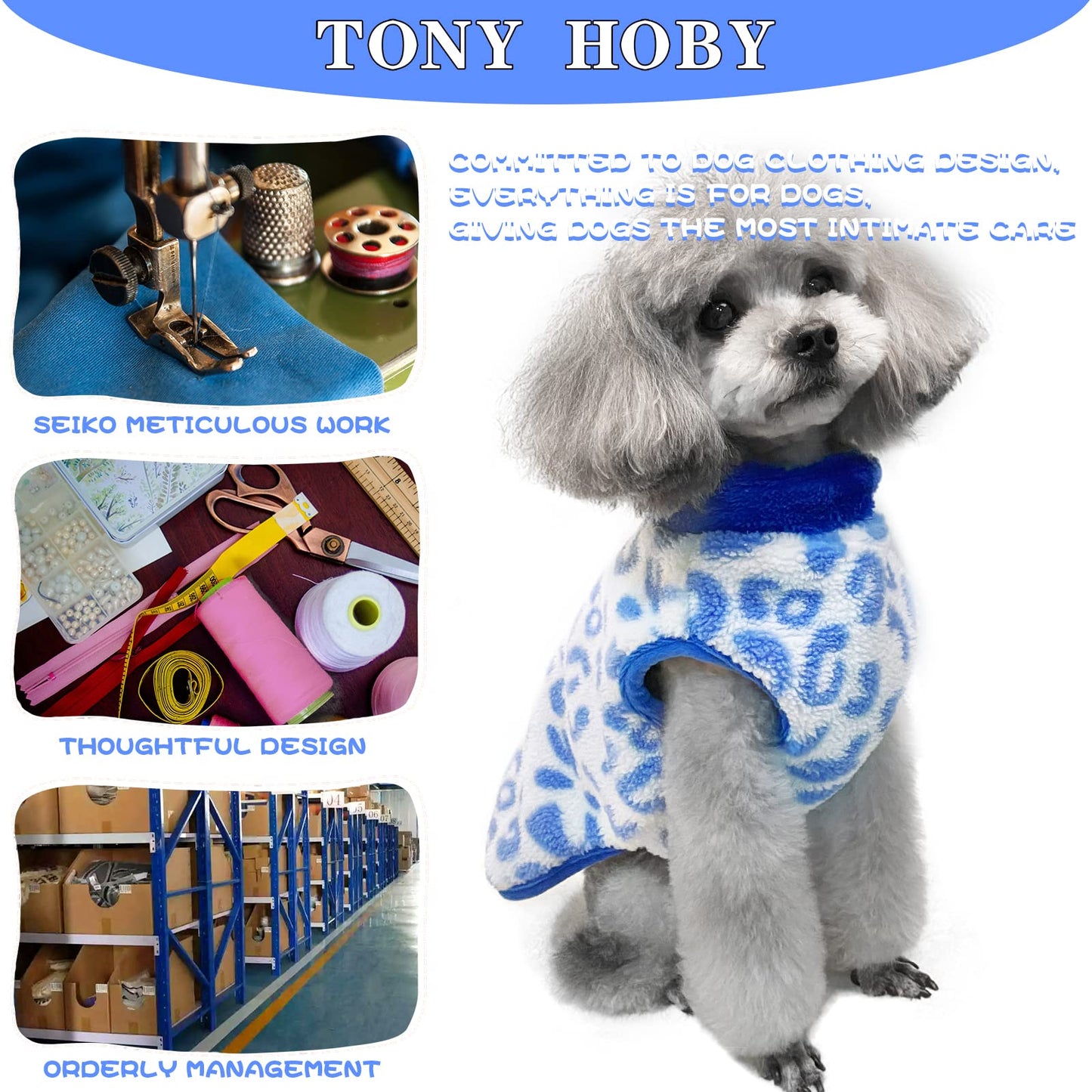 TONY HOBY Dog Cold Weather Coat, Thermal Fleece Dog Jacket, Dog Winter Jacket for Small Medium Dog (Blue&White, L)