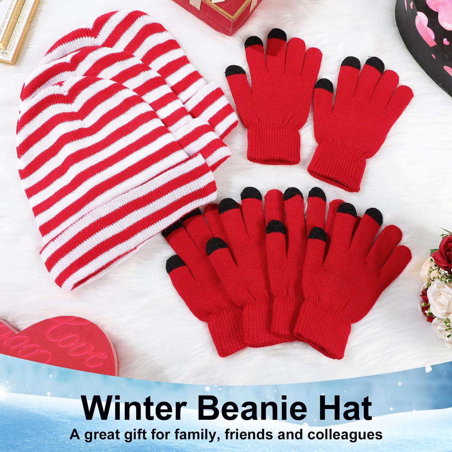 SATINIOR 6 Pieces Christmas Red White Stripe Beanie and Touchscreen Gloves Set Christmas Winter Knit Hat Soft Skull Cap for Women Men