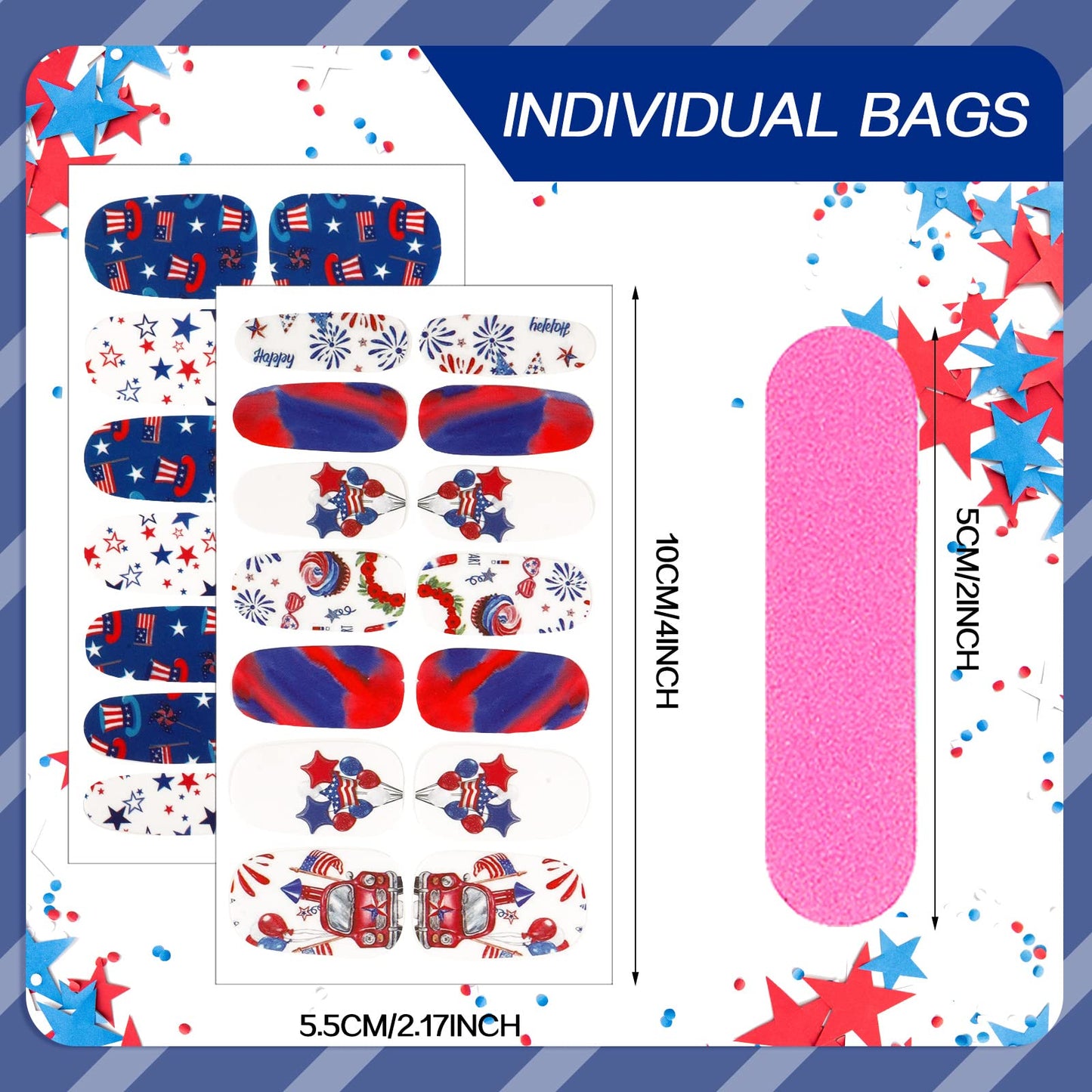 Maitys 140 Pcs 10 Sheets Patriotic Full Wrap Nail Stickers 4th of July Polish Strips Gradient Stickers Memorial Independence Day Glitter Self Adhesive DIY Art Strips with 2 Pcs Nail Files