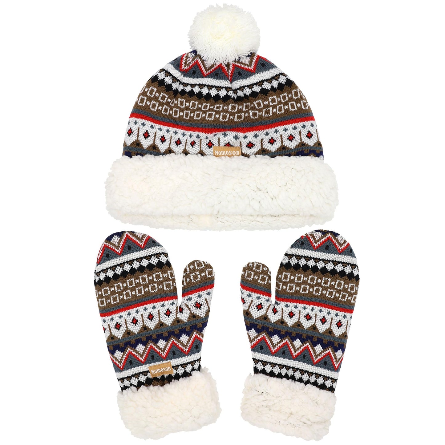 BambooMN Women's Classic Winter Fleeced Thermal Pom Pom Beanie Hat and Mittens Set, Brown Pattern
