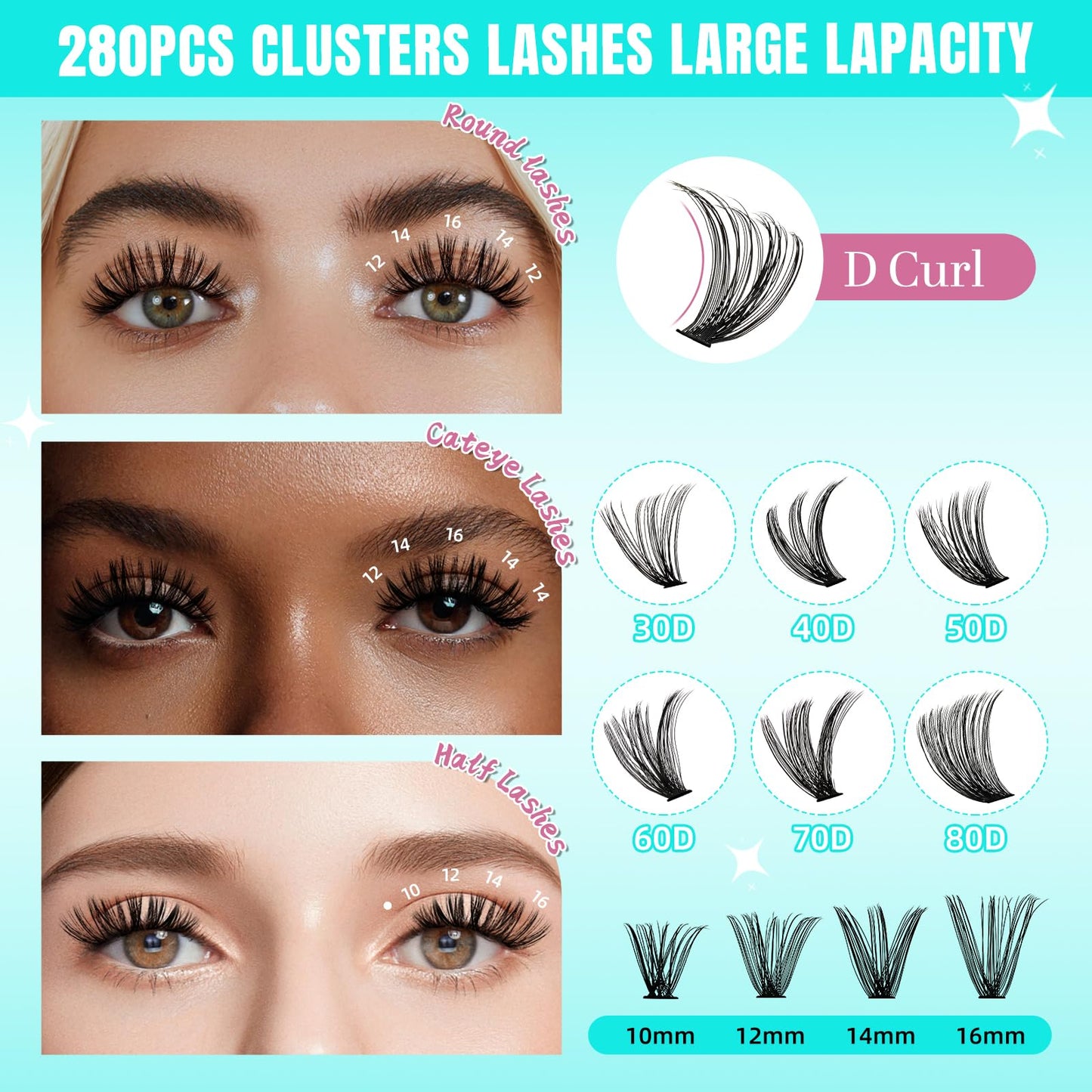 Lash Clusters Wispy 280PCS Eyelash Extension 40D Cluster Lashes Individual Lashes DIY Lash Extension Natural Look Cluster Eyelash Extensions Soft False Eyelashes at Home for Beginners(14mm)