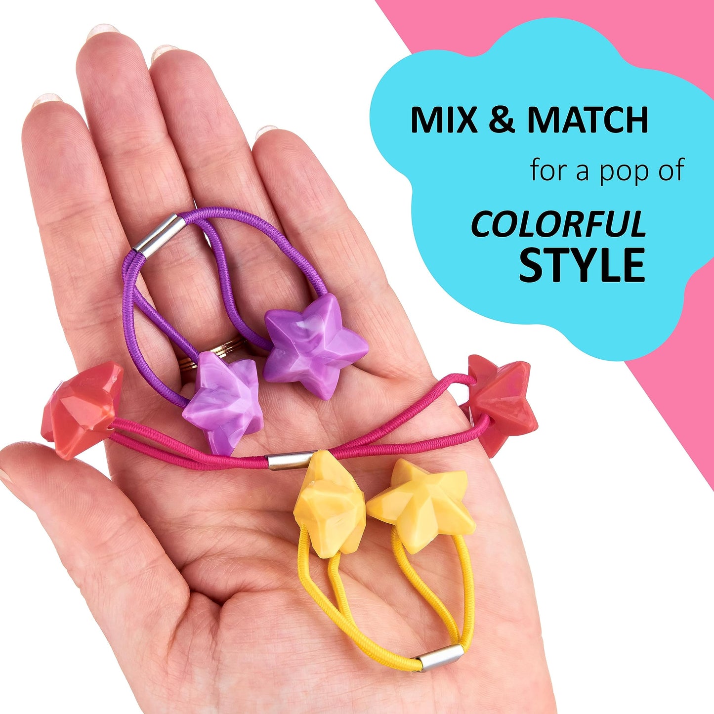Expressions 24pc Ponytail Balls Hair Elastics,Star-Shaped Multicolored Twin Hair Beads, Value Pack