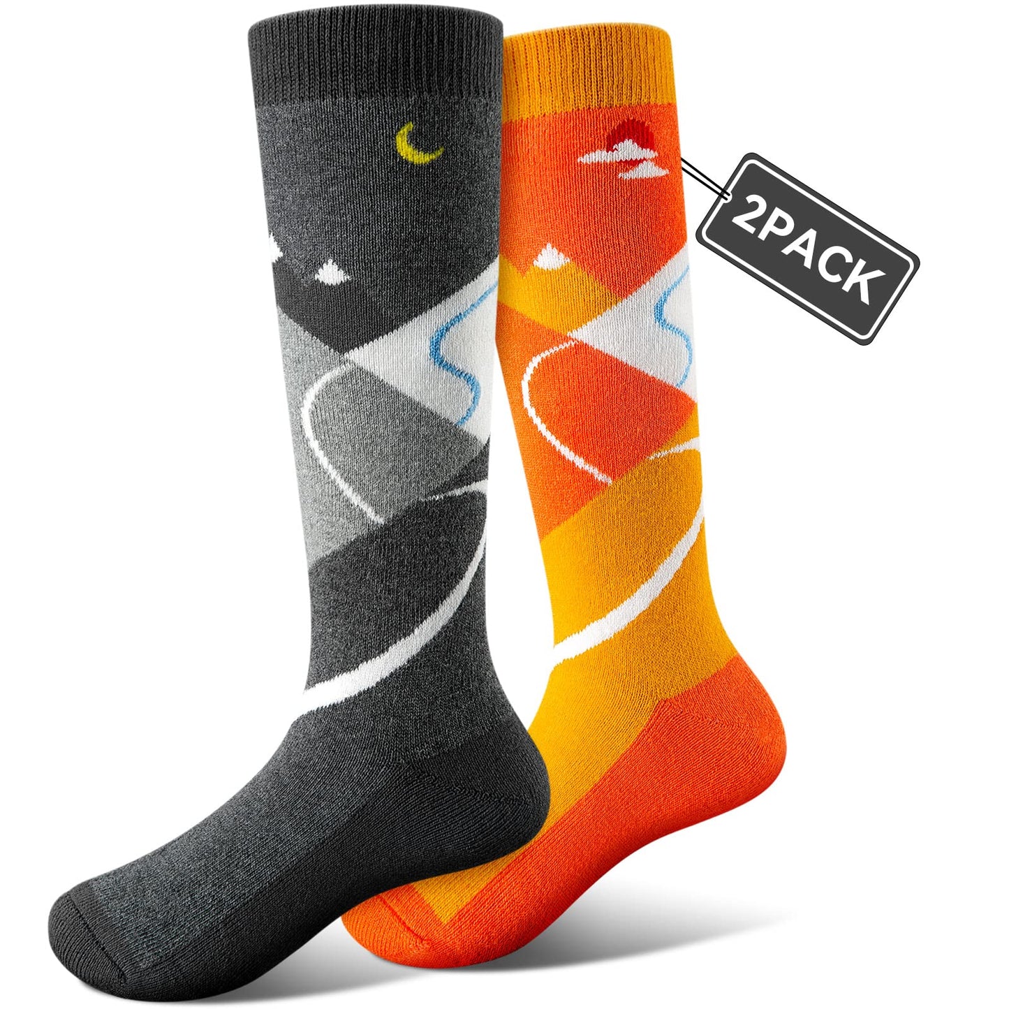 FanNicoo 2 Pack Kids Ski Socks OTC Warm Soft Non-Slip Cuff Winter Skiing Outdoor for Girls Boys(Gray+Orange), Small