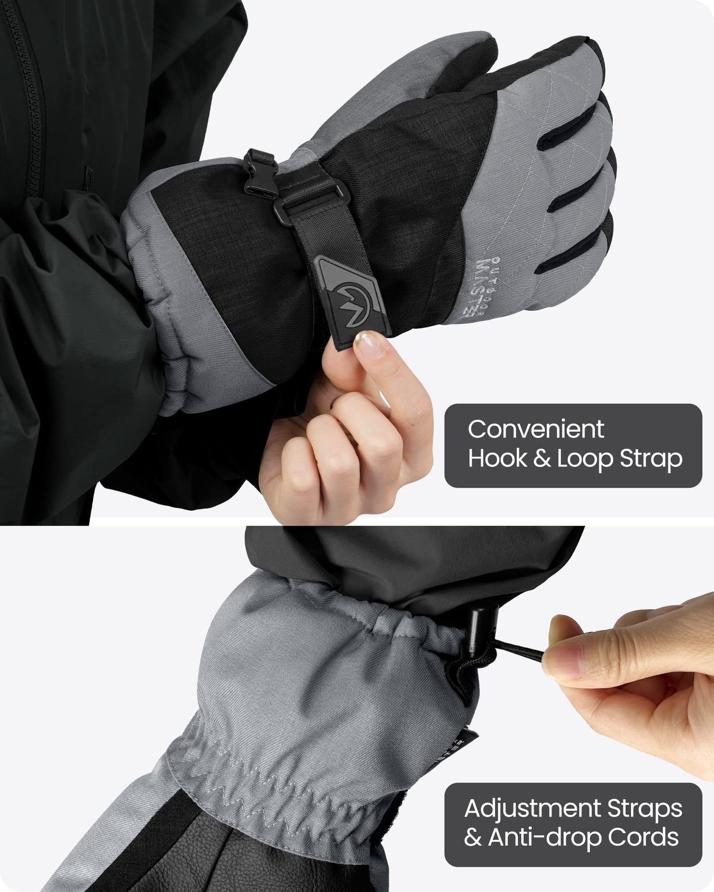 OutdoorMaster Ski & Snow Gloves, Winter Waterproof Thermal Gloves for Adult Men & Women, Winter Sports, Skiing, Snowboarding, Carbon, L