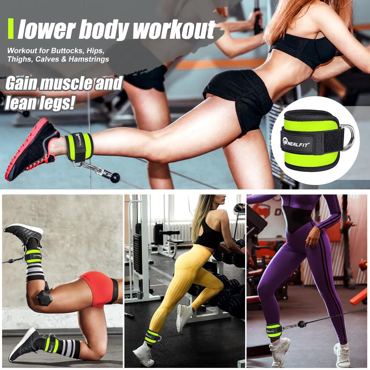 NEALFIT Ankle Strap for Cable Machine, Gym Ankle Cuff for Kickbacks, Leg Extensions, Glute Workouts, Booty Hip Abductors Exercise for Women and Men (Pair, Green)