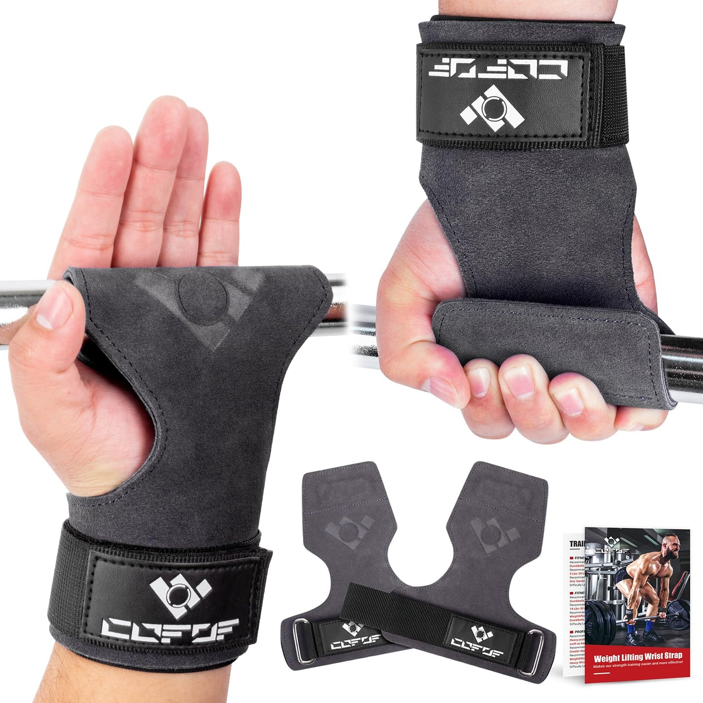 COFOF Weight Lifting Wrist Strap,Double Layer Leather Weightlifting Wrist Strap for Deadlift and Powerlifting, Adjustable Neoprene Padded Gym Workout Lifting Wrist Hooks for Men/Women(Pair)