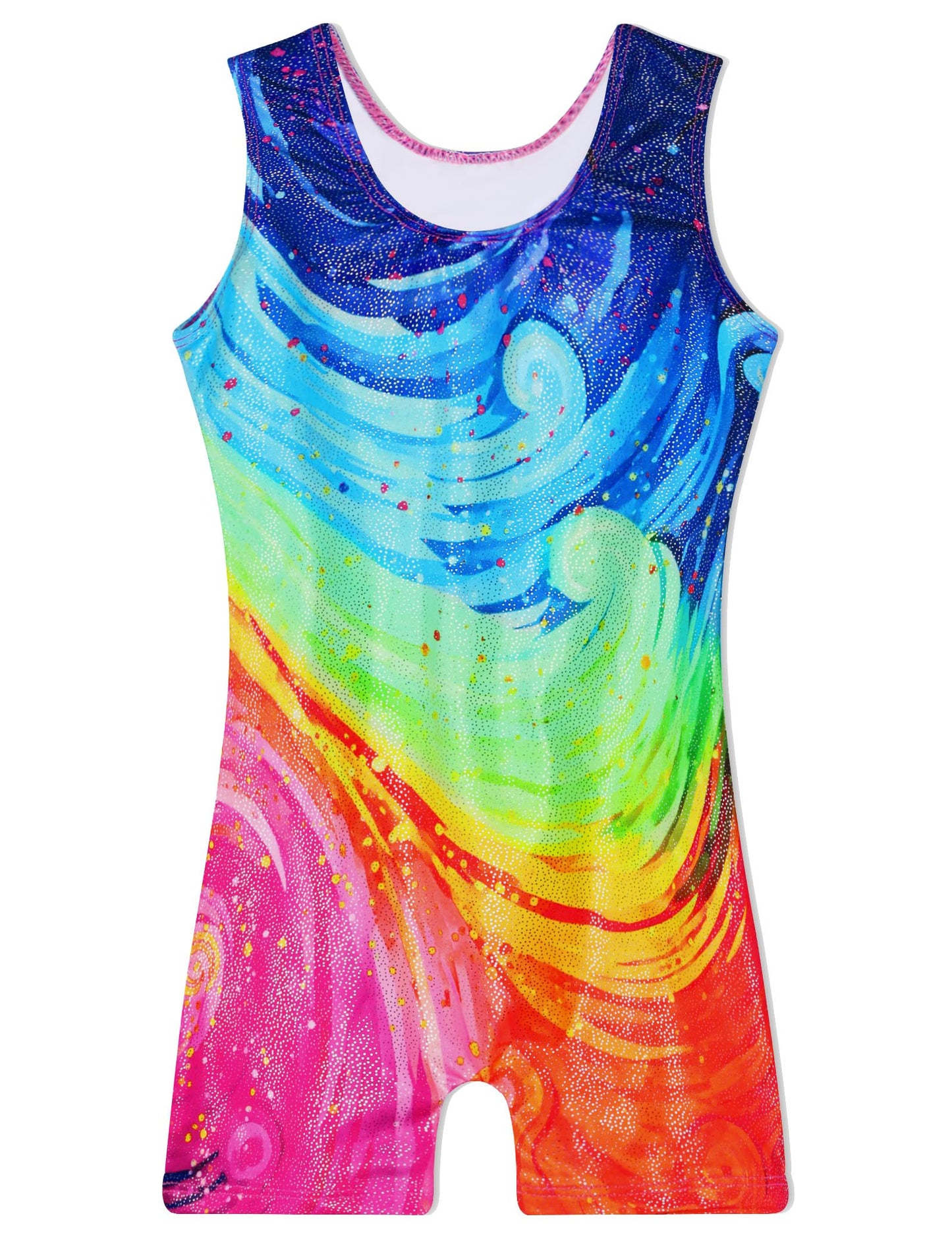 Girls Gymnastics Leotards with Shorts Size 7-8 Years Old Sparkle Colorful Wave Print Tumbling Biketards Unitard