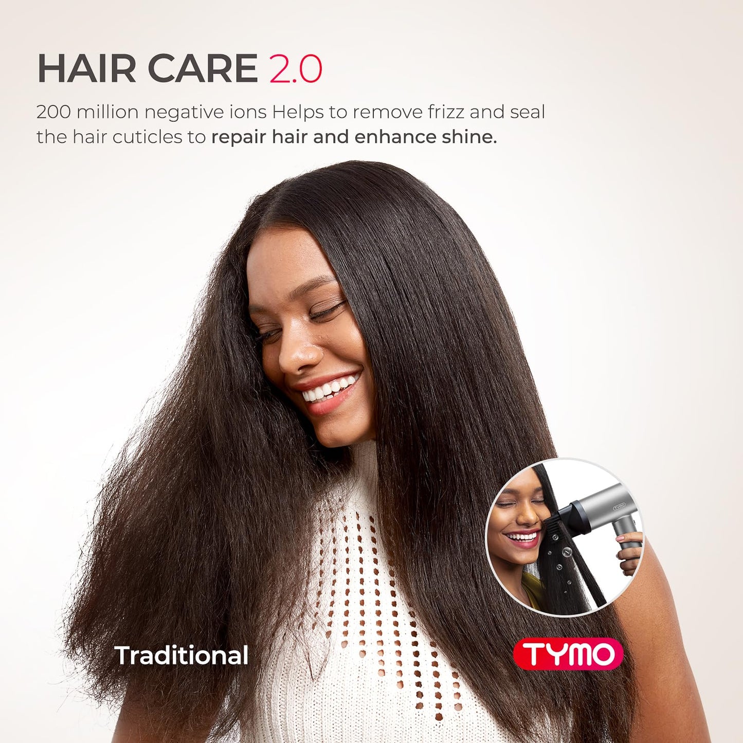 TYMO Hair Dryer with Diffuser, 1500W High-Speed Professional Blow Dryer with Comb for Fast Drying, 110,000RPM Brushless Motor, 200 Million Ionic Hairdryer Zero Damage, 3 Speeds & 4 Temps, Low-Noise