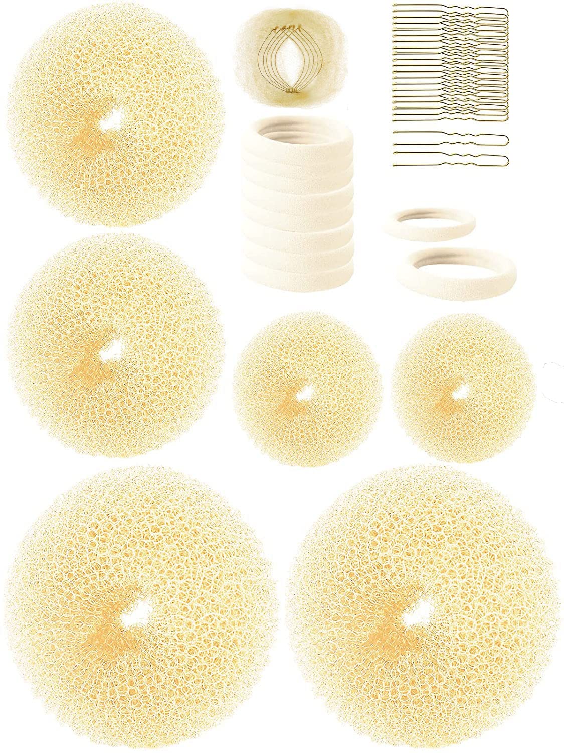 Stunner Cat Hair Bun Maker (37 Count, 3.5 inches Large, 3 inches Medium, 2 inches Small, Beige), Hair Doughnut Shaper for Girl