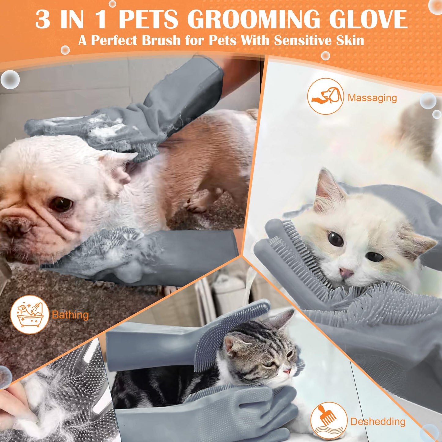 SUKETIL Pet grooming gloves,Dog washing gloves with High-Density Teeth with Five Finger Design to bathing and Massage for Dogs,Cats (Gray)