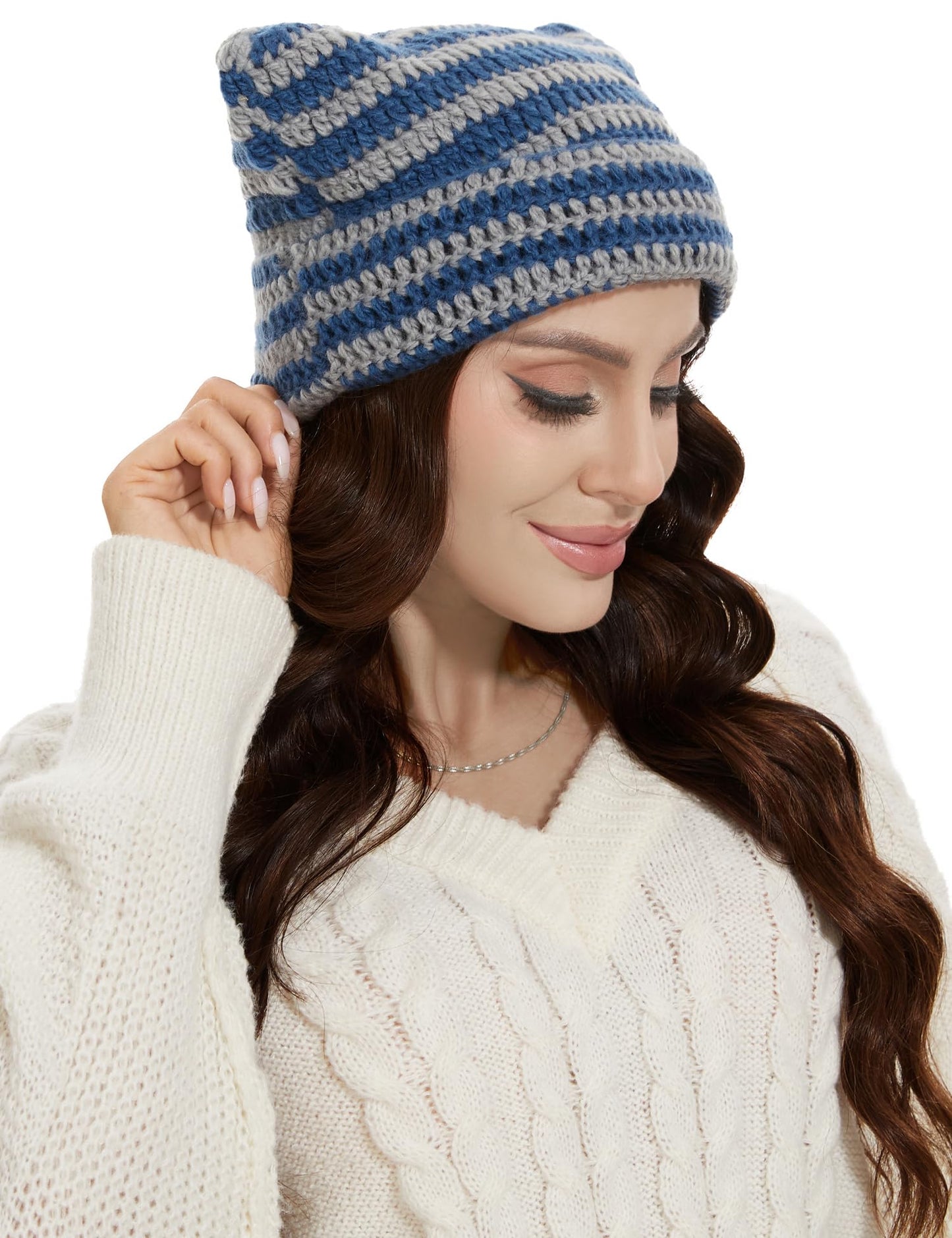 HANERDUN Crochet Hats for Women Knit Cat Ear Beanies Women Fox Hat Grunge Accessories Slouchy Beanies for Women