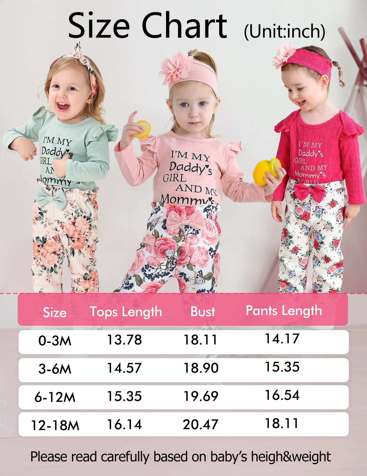 SUNNY PIGGY Baby Girl Clothes 3-6 Months Newborn Infant Outfit Ruffle Long Sleeve Romper Floral Pant Set Girl's Clothing Soft Fall Winter Letter Pattern Adorable Gift 4Pcs Overall