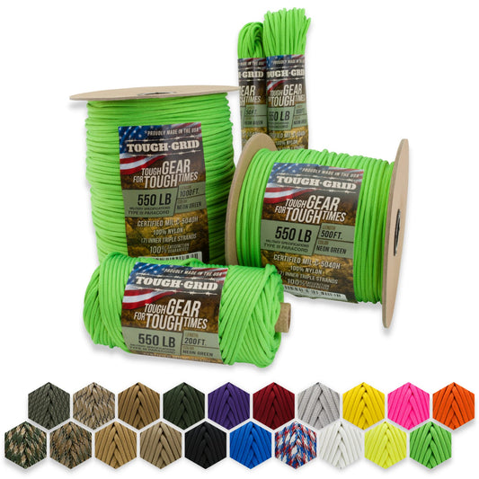 TOUGH-GRID Premium Neon Green 550 Paracord/Parachute Cord - 100% Nylon Mil-Spec Type III Paracord Rope Used by The US Military, Great for Bracelets and Lanyards, Tactical Paracord 50Ft. - Neon Green