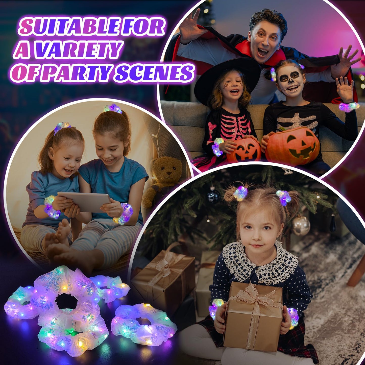 4 Pcs Light Up Hair Accessories for Girls Women, Sparkly Sequins Hair Scrunchies, Multi Light Modes LED Hair Tie for Movie Night Supplies, Glow in The Dark Scrunchies for Rave Neon Slumber Party