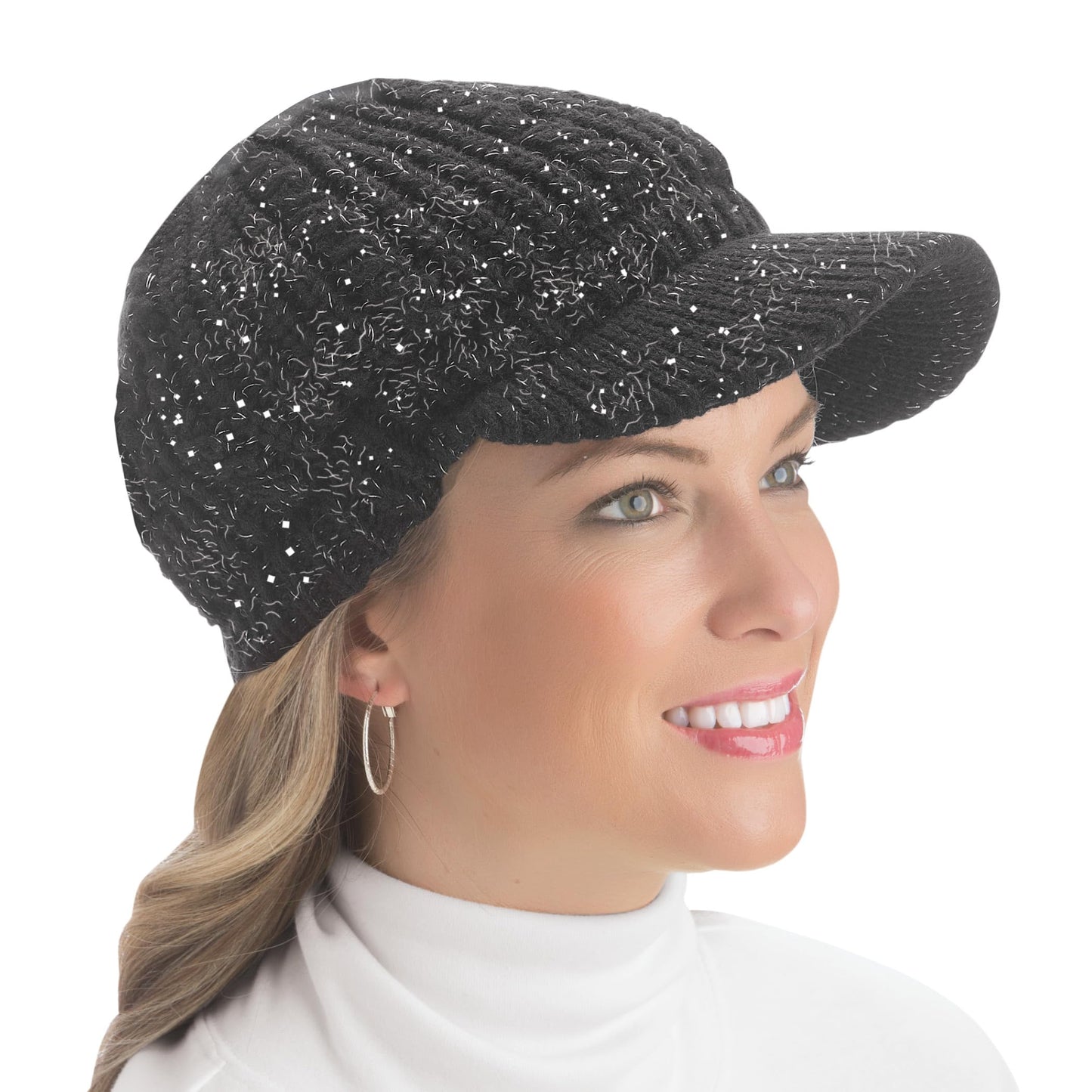 Collections Etc Lurex Cable Knit Beanie Hat with Visor Brim - Stylish Winter Accessories for Warmth, Black