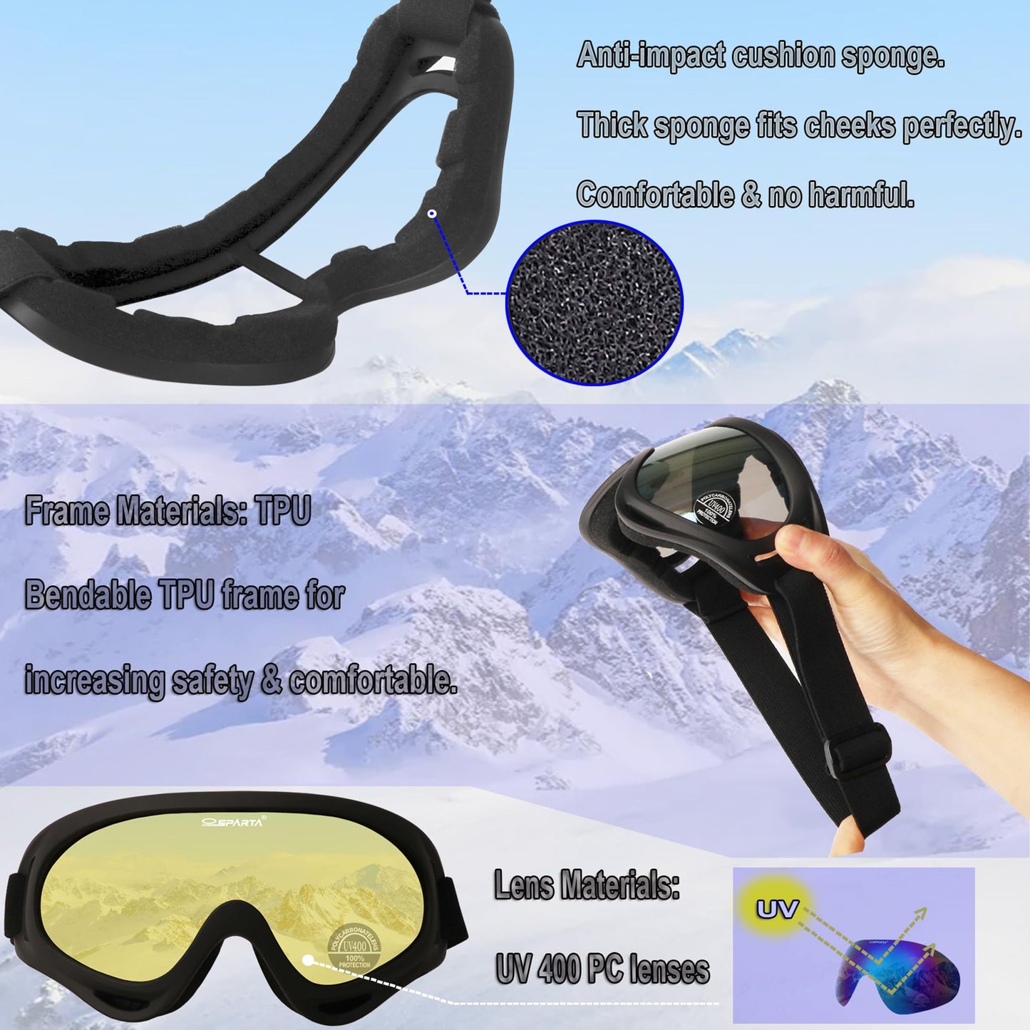 OUTDOOR SPARTA Ski Goggles (3. Gray Frame, Clear Lens; Black Frame, Yellow Lens)