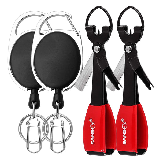 SAMSFX Fishing Knot Tying Tool, Multifunctional Fly Fshing Nippers, Quickly Tie Fishing Knots for Hooks, Lures and Flies, Fishing Clippers with Retractor (Oval Retractor, Red Knot Tool)