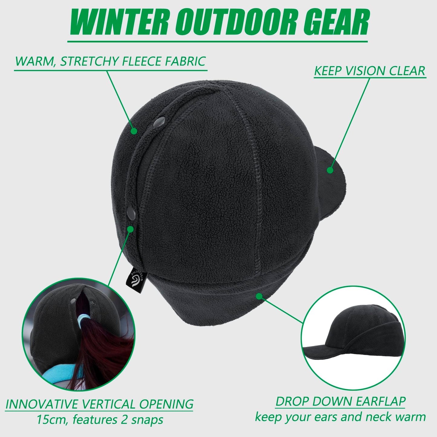 PivotWing Winter Ponytail Hats for Women, Winter Running Gear Ear Warmer Hat with Ponytail Hole for Women Fleece Pony Cap Baseball Hat with Earflap Ear Muffs for Fall Hiking Walking, Dark Grey XS/S