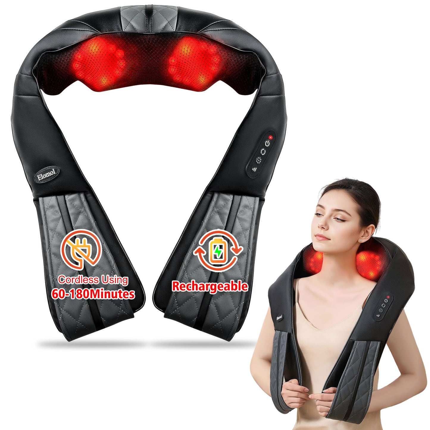 Elomol Cordless Neck Back Massager with Heat - Rechargeable Shiatsu Kneading Shoulder Shawl for Pain Relief Deep Tissue, Long-Lasting Portable Design for Mom Dad Men Women Her Him