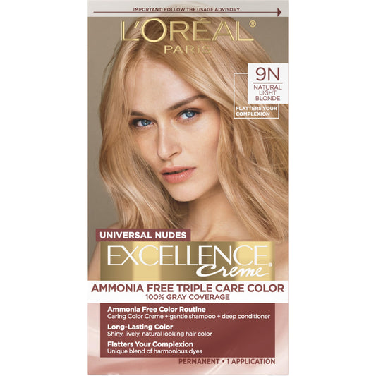 L’Oréal Paris Excellence Universal Nudes Permanent Hair Color, Ammonia Free Hair Dye for Gray Hair Coverage, 9N Natural Light Blonde, 1 Hair Dye Kit