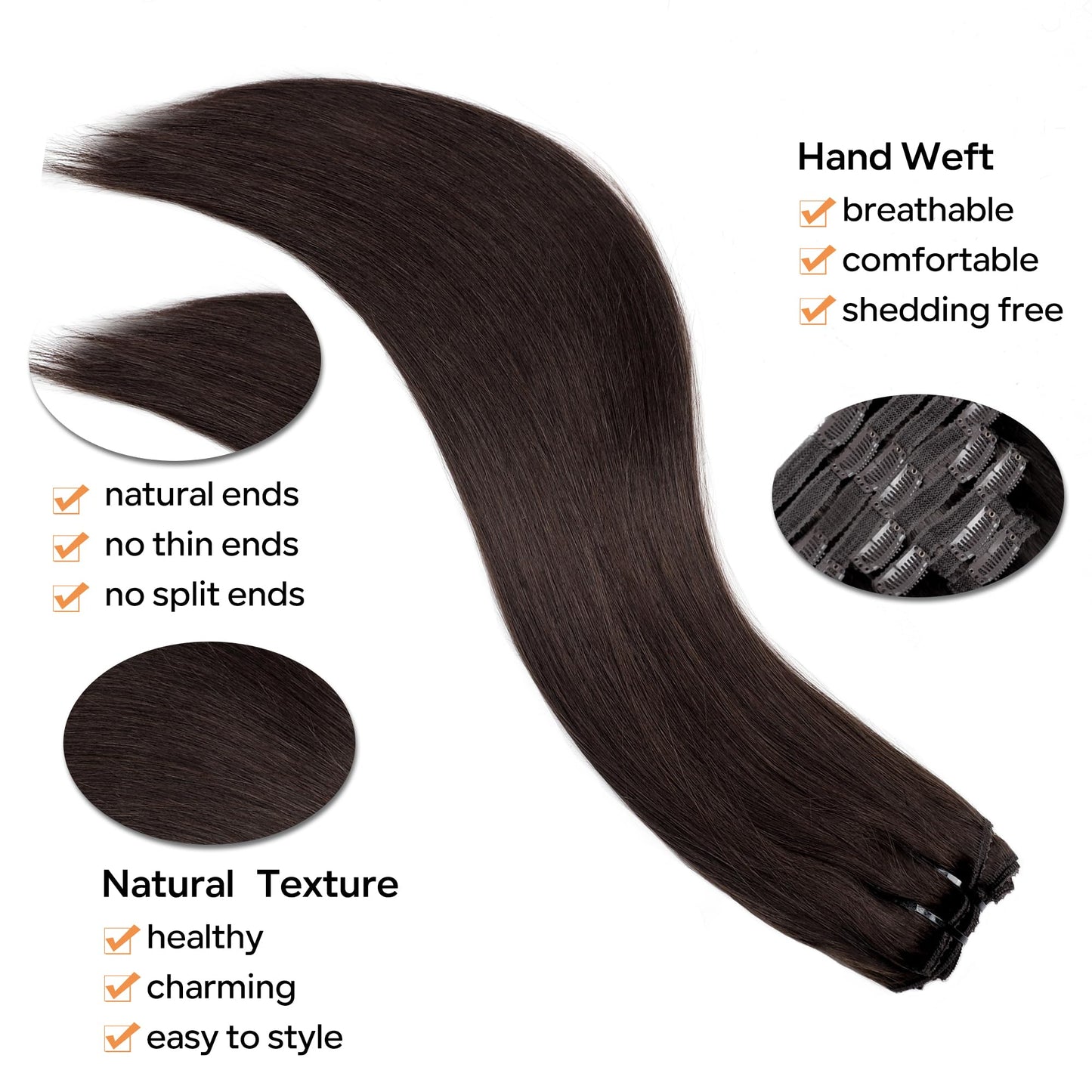 Pobokix Straight Clip In Hair Extensions Real Human Hair 8Pcs Clip In Dark Brown Human Hair Extensions with 18Clips Lace Weft 120g 14inch