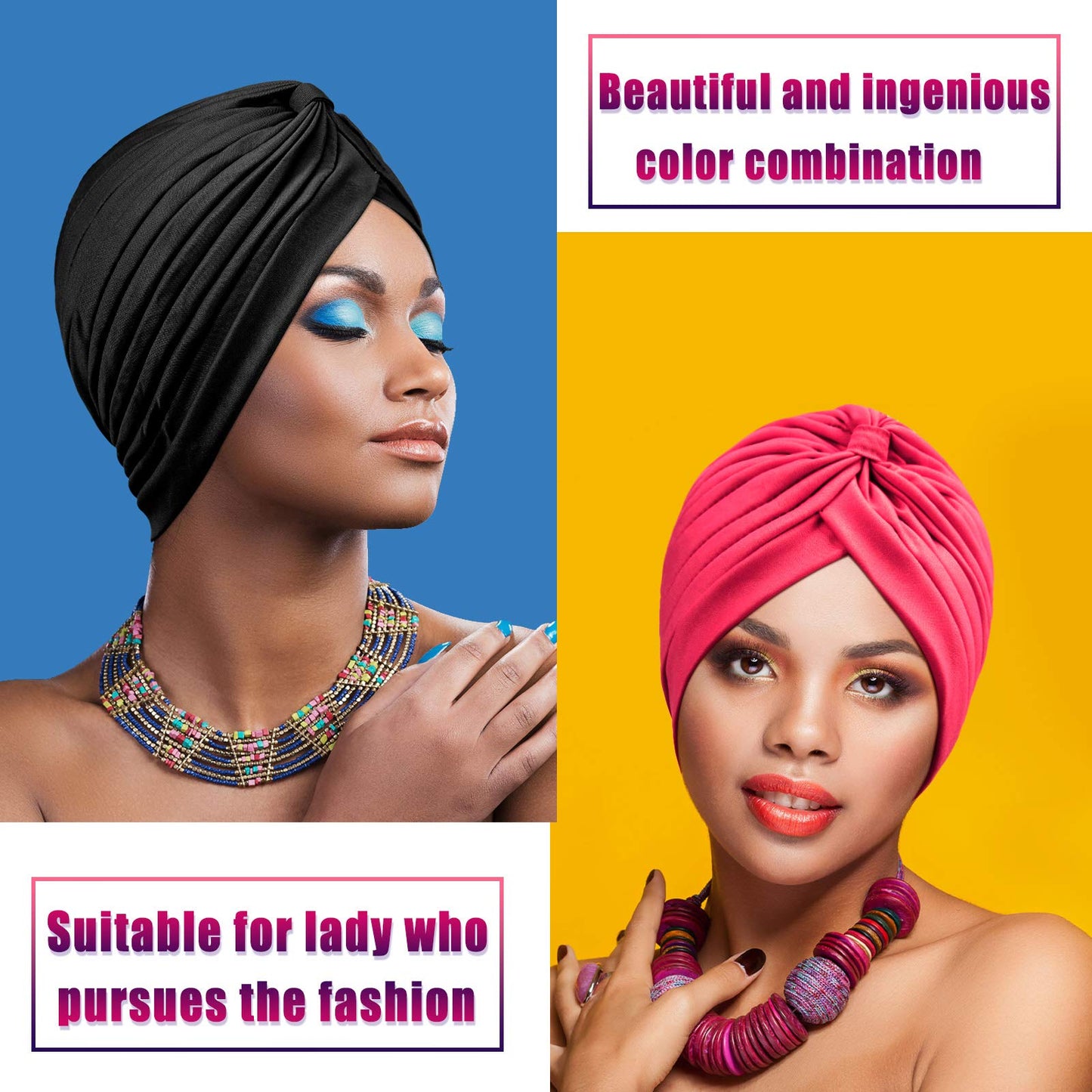 Syhood 4 Pieces Turbans for Women Head Wraps for Women Beanie Headwraps,4 Colors(Black, White, Rose Red, Light Purple)