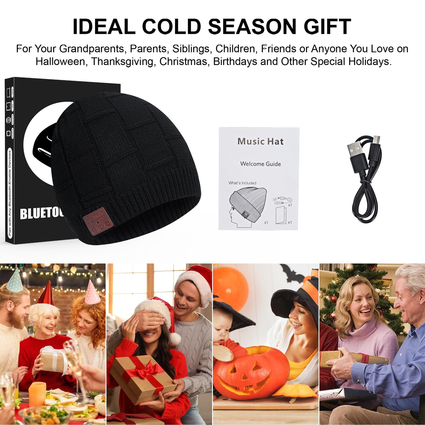 5.2 Bluetooth Beanie for Men & Women, Winter Knit Music Hat with Cordless Headphones, 24 Hour Play time, Built-in Microphone and HD Stereo Speakers, Unique Christmas Tech Gifts for Outdoor Homes