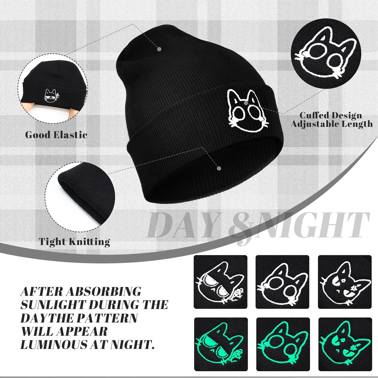 Chuarry 3 Pcs Cat Beanie Winter Hats Embroidered Knit Beanie Hat Winter Knit Crochet Ski Cap Cute Cat Ear Hat Cat Gifts for Halloween Cat Lovers Black
