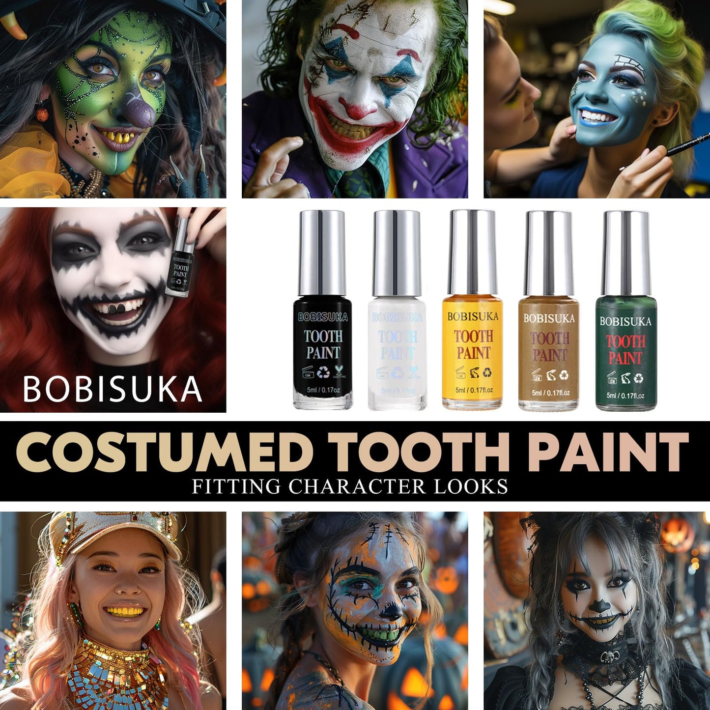 BOBISUKA Gold Tooth Paint, Professional Gold Costumed Teeth Paint - No Streak, Safe, Long Last SFX Tooth Makeup Paint, Perfect for Cosplay, Halloween Makeup, Theater, and Special Effects (5 ml)