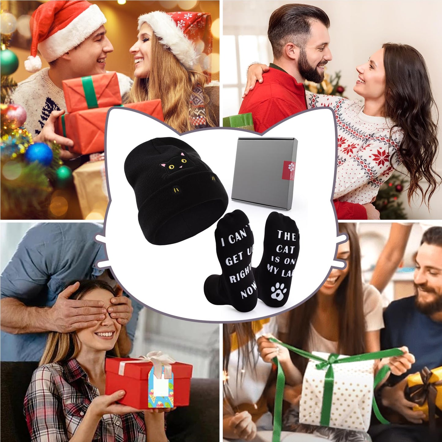 Women's Cat Beanie Hats and Funny Socks Set Cute Cat Lover Gifts Kitty Knitted Hat Winter Skiing Slouchy Warm Cap for Girls Black
