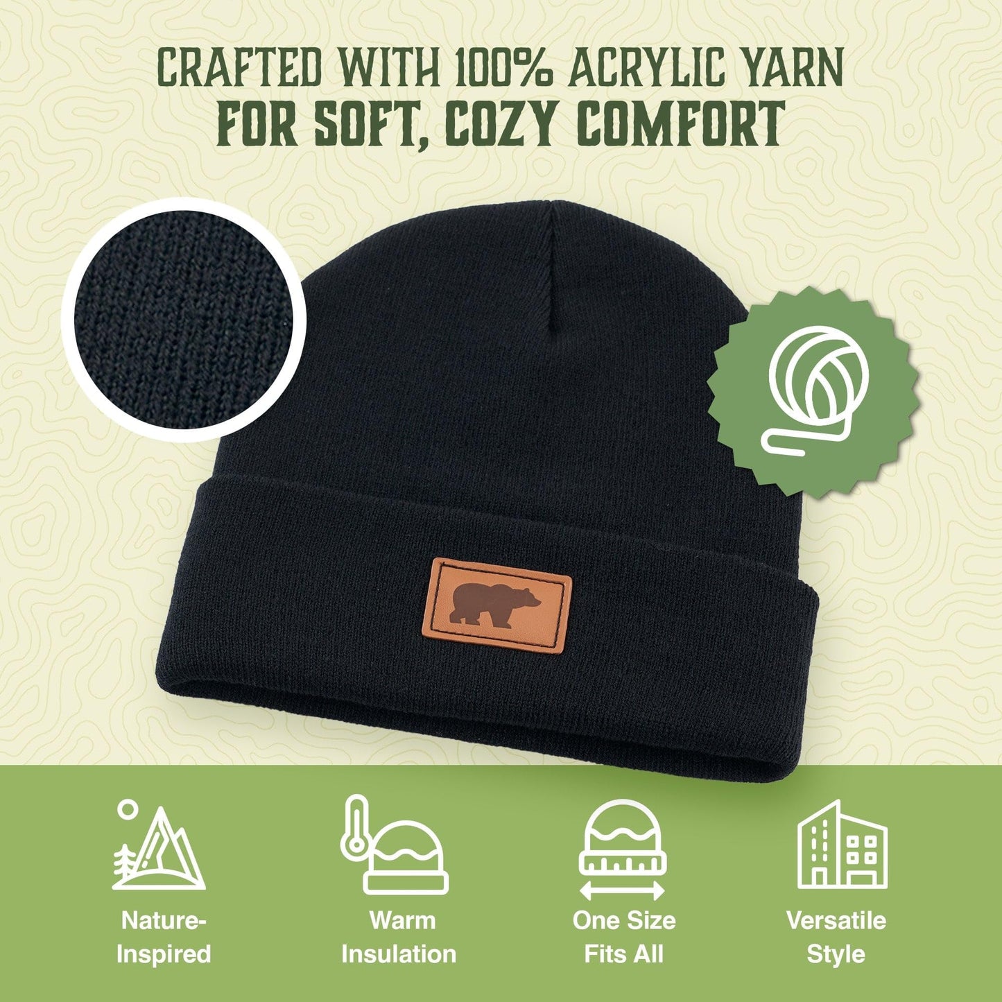 The National Parks Bear Beanie | One Size Fits All | Warm Winter Cuffed Beanie Cap Black