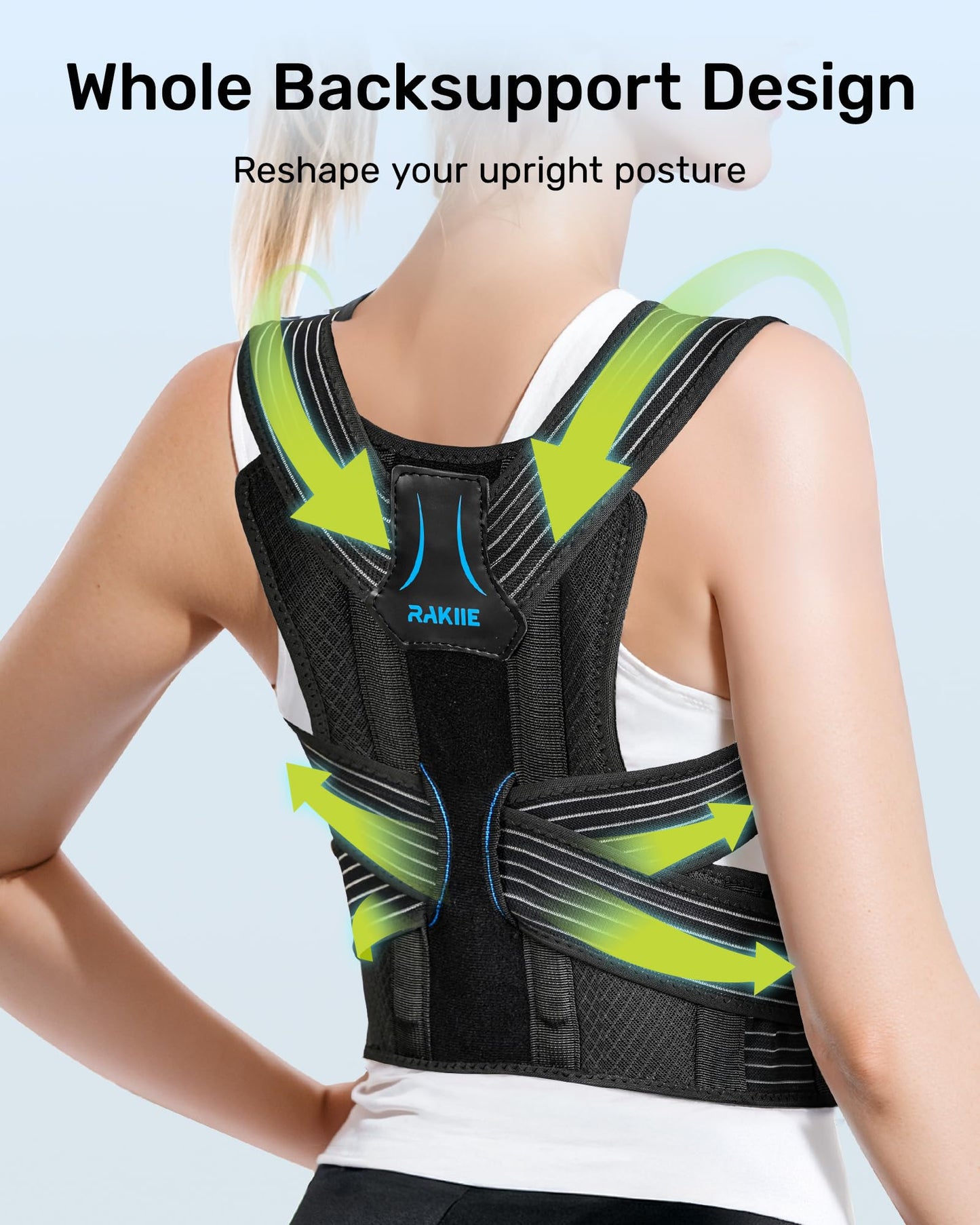 Rakiie Posture Corrector for Women and Men, Upgraded Back Brace with Enhanced Support, Shoulder Straightener with Cushioned Shoulder Pads & Underarm Pain Relief Strap, Size M (Upper Waist: 35.4"-41.3")
