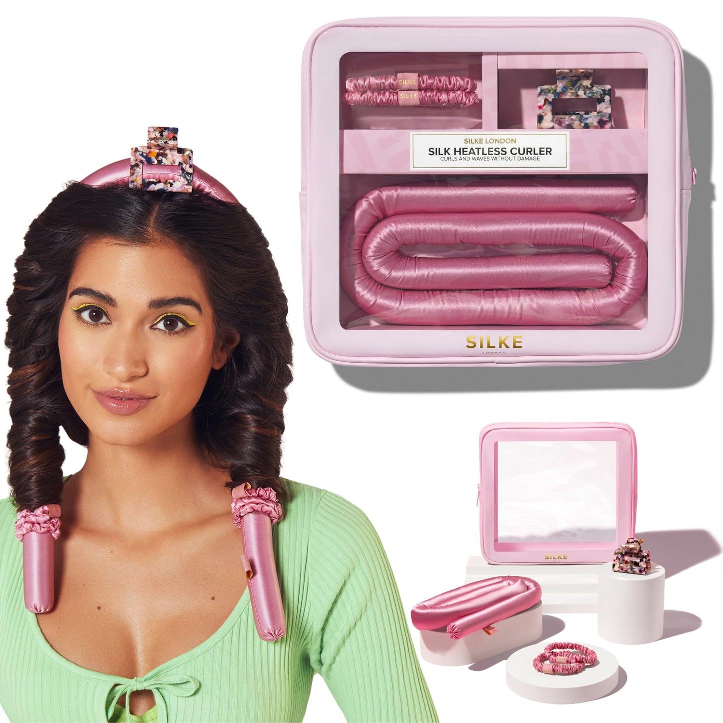 SILKE Heatless Hair Curlers | 100% Luxurious Heatless Curls Headband | Silk Heatless Curlers to Sleep In | No Heat Curlers for Overnight Curls | Heatless Curling Set | Big Bounce, No Effort (Pink)