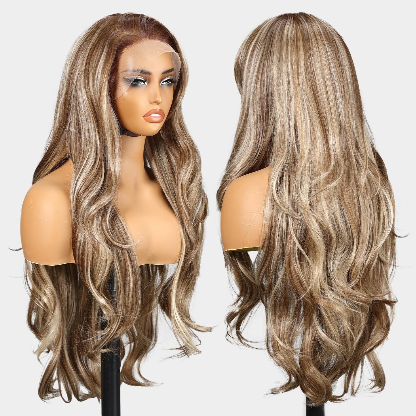 KOME Ash Blonde Synthetic Lace Front Wig,13×6 Blonde mix Brown HD Lace Glueless Wig for Women Daily Use 28IN(TT6/107)
