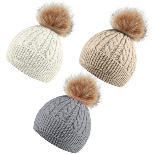 Kids Knitted Woolen Hat 3 Pieces Winter Warm Pom Pom Beanie Cap Knit Hat with Detachable Pom for 1-3 Years Old Girls Boys (Khaki, White, Gray)