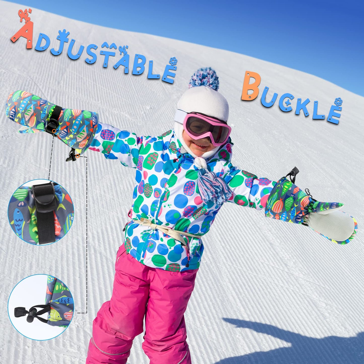 BAVST Winter Kids Waterproof Gloves for Boys Girls Snow Ski Toddler Baby Mittens Outdoor for Infant Teens 1-5T (Colorful fish, L(4-5T))
