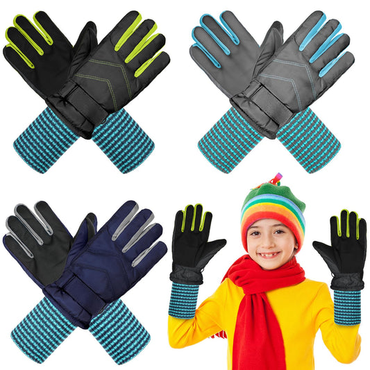 Newcotte 3 Pairs Kids Waterproof Winter Gloves Long Cuff Ski Snow Gloves Children Warm Mittens Gloves for Boy Girl Outdoor(Aged 6-10,Warm Style)