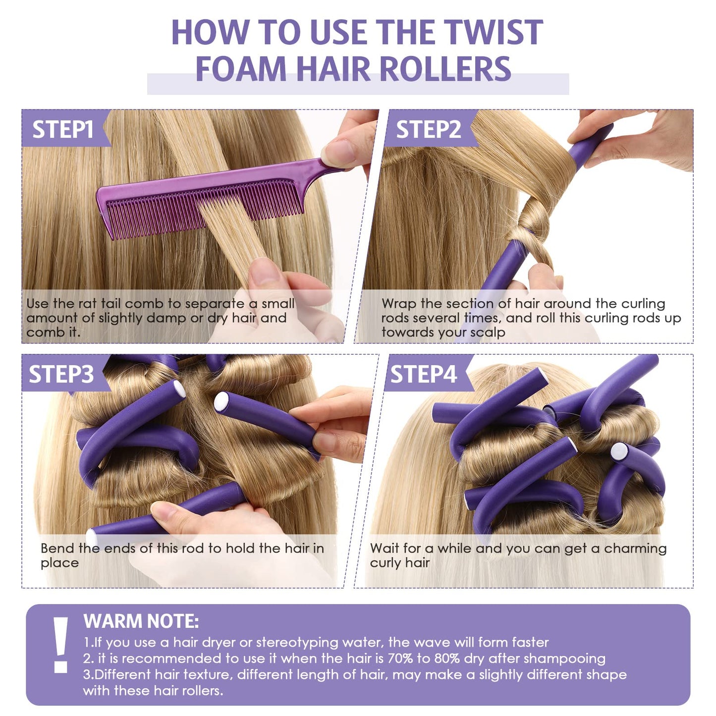 WILLBOND 60 Pieces Flexible Curling Rods Hair Curlers Rollers Twist Flexi No Heat Rods Rollers for Long Short Hair Women(0.3 x 9.5 Inch,Purple)