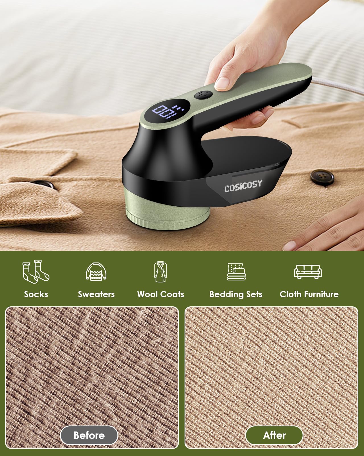Fabric Shaver Rechargeable, Cosicosy Electric Lint Remover Shaver with 3 Blades & Digital Display, Electric Defuzzer Fabric Shaver Fuzz Remover for Clothing Couch Furniture Carpet